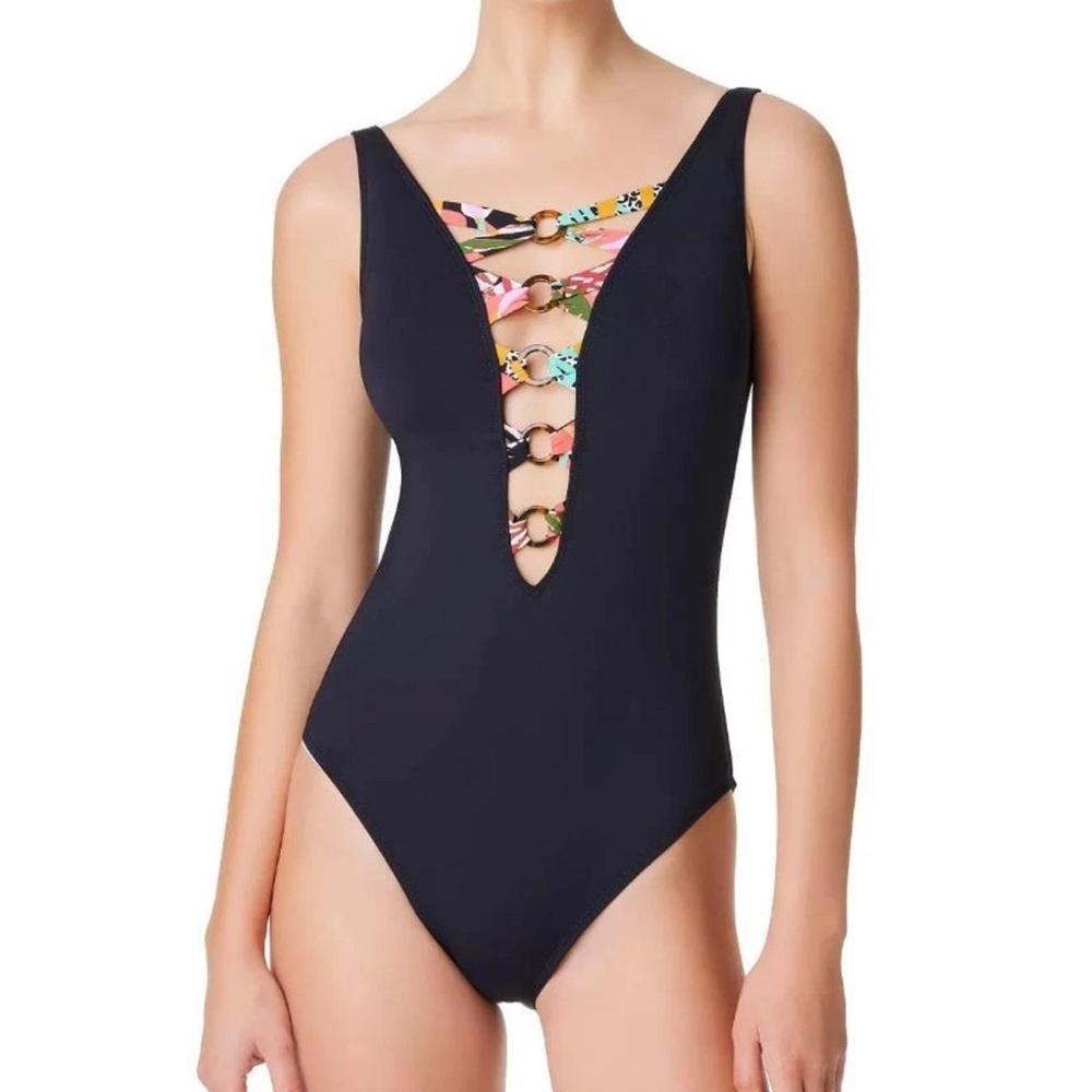 NWT Bleu by Rod Beattie Women's Black Lets Get Loud One Piece Swim Suit Size 12